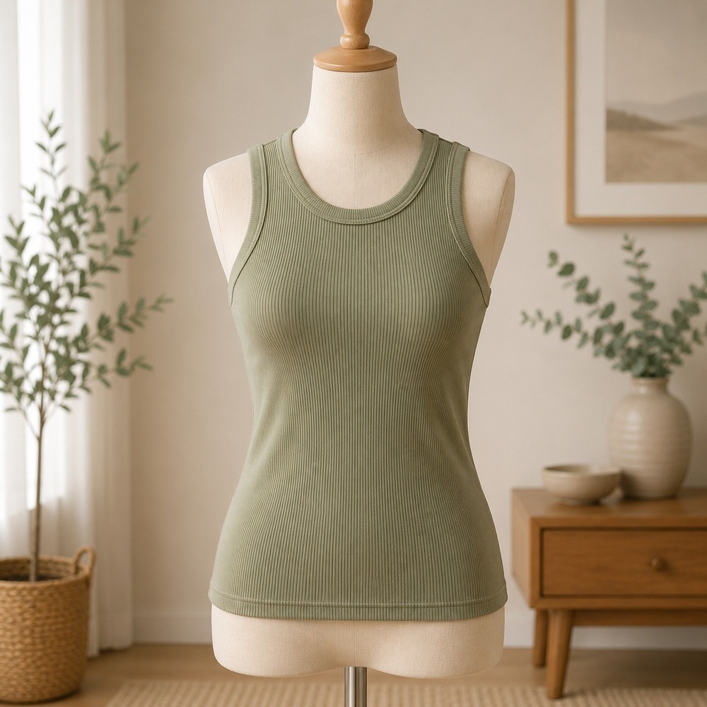 NWT Cupshe Ribbed Shelf Bra Tank Top Womens Large Olive Green Sleeveless Sporty